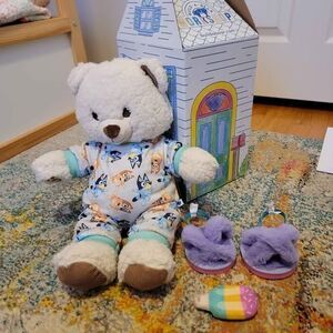Build-A-Bear White Teddy Bear in Bluey Pajamas & Purple Slippers with Popsicle